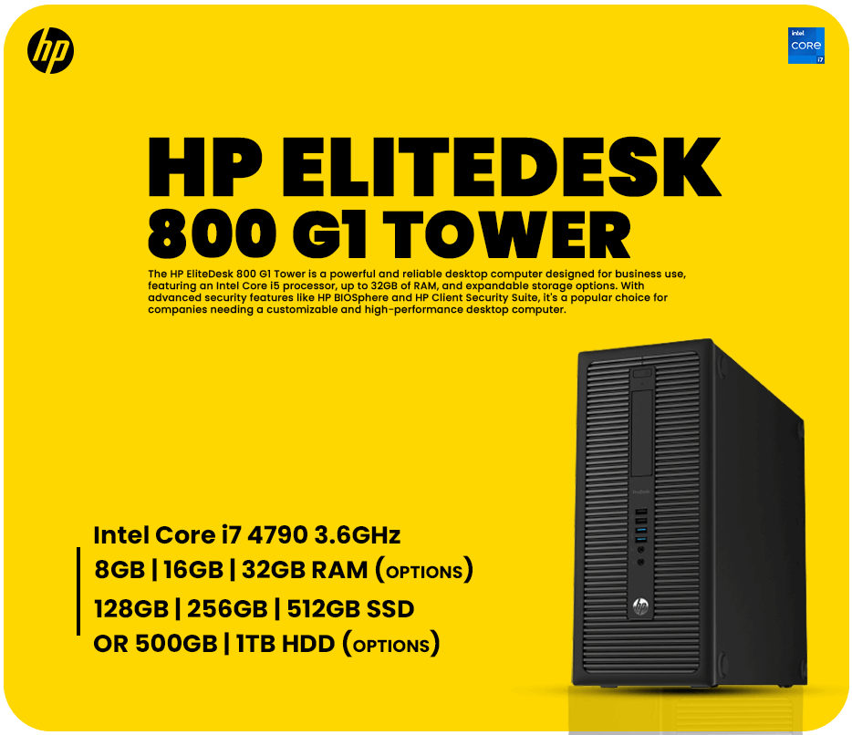 HP EliteDesk 800 G1 Tower Core i7 4790 3.6Ghz Processor Wi-Fi (Upgrade Option) | Reconditioned Grade A - Bargain Stock HP EliteDesk 800 G1 Tower Core i7 4790 3.6Ghz Processor Wi-Fi (Upgrade Option) | Reconditioned Grade A - Bargain Stock
